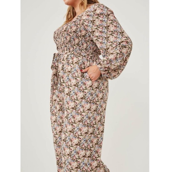 Hayden Floral Print Smocked Puff Sleeve Jumpsuit In Olive Mix. Sz 1X & 3X. - Picture 3 of 11